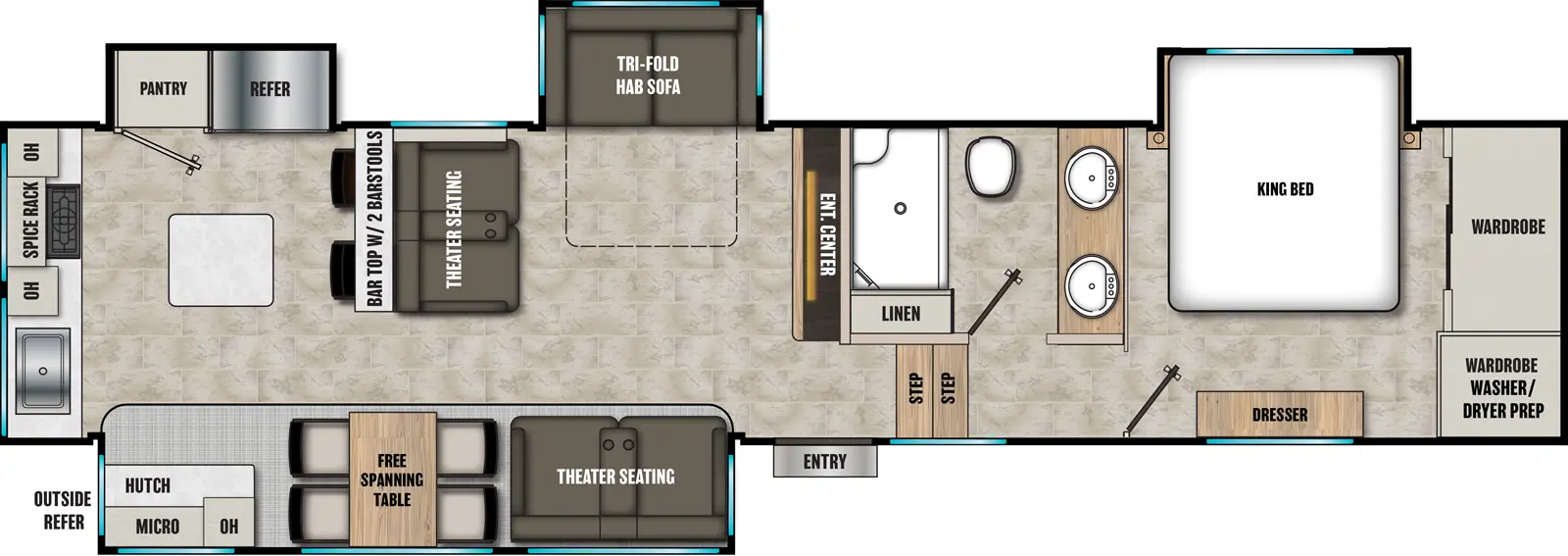 The Brookstone 374RK floorplan has one entry and four slide outs. Exterior features include: fiberglass exterior and 18' & 11' awning. Interiors features include: rear kitchen, kitchen island, free-standing dinette option and front bedroom.